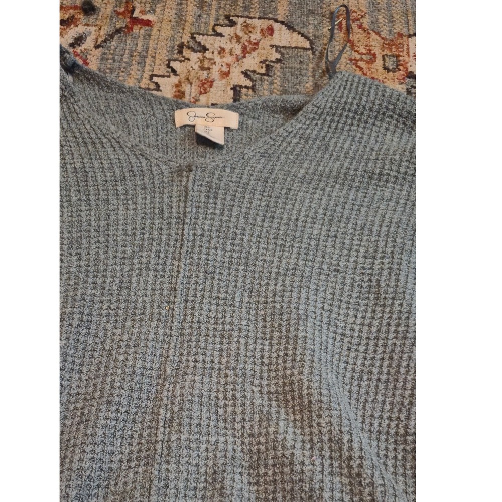 Jessica Simpson Womens Blue Waffle Knit V-Neck Sweater High Low Hem Small - Picture 3 of 4